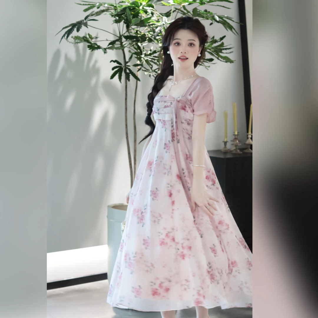 瑶西【玫瑰花语】汉元素改良齐胸裙设计款夏季国风印花拼接连衣裙