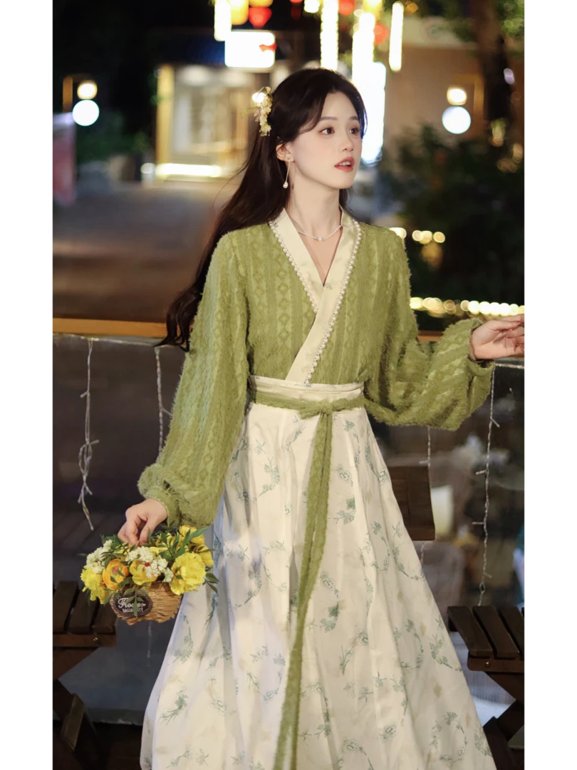 瑶西【寒霜绿枝】新中式长款印花设计交领中国风两件套日常套装