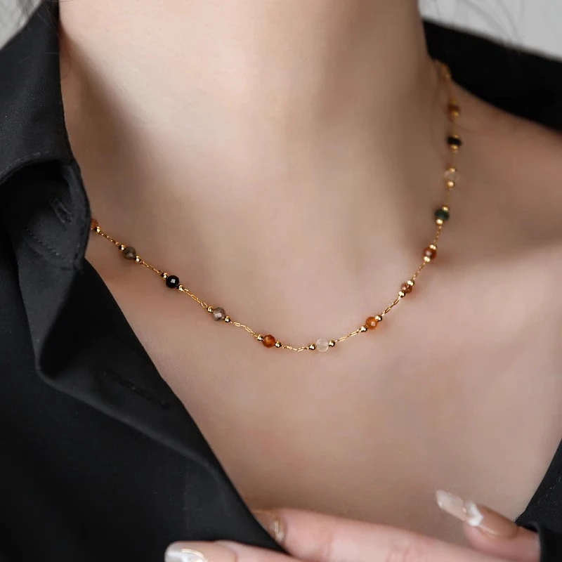 钛钢项链 设计感彩色串珠项链女高级感不掉色锁骨链轻奢小众颈链