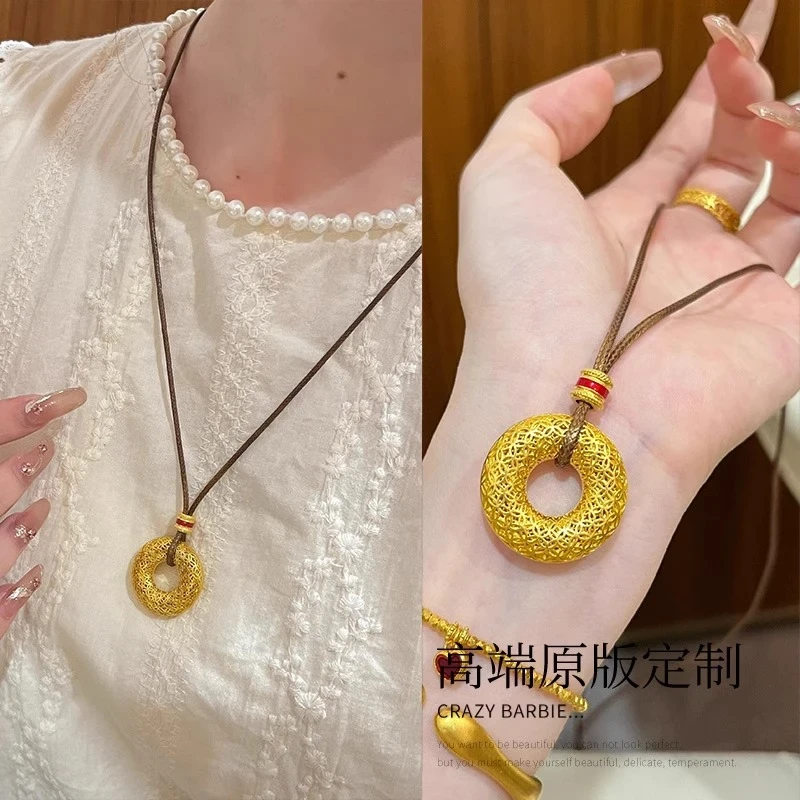 铜皮质项链 韦雪同款平安扣吊坠项链女圆圆满满~轻奢毛衣链配饰潮