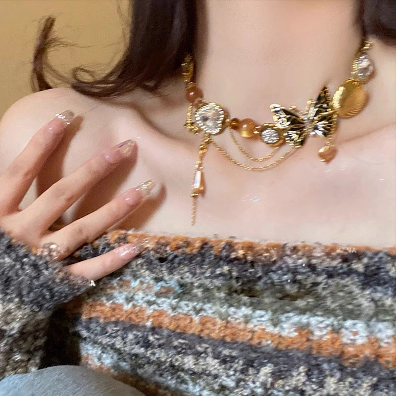铜合金项链 复古氛围感~重工蝴蝶项链毛衣锁骨链高级感美拉德配饰