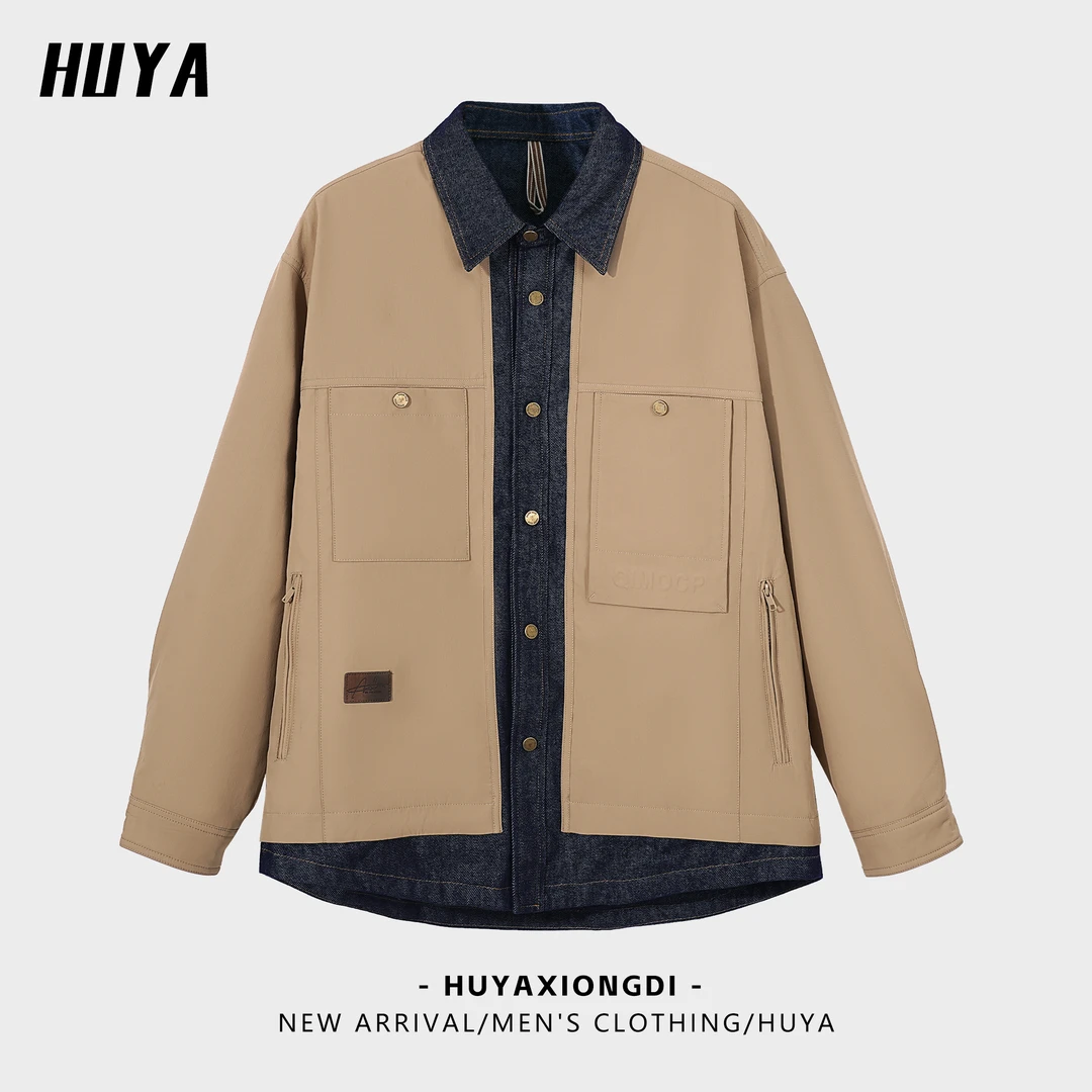 虎牙兄弟男士假两件牛仔外套秋季新款户外防风保暖时尚宽松上衣男