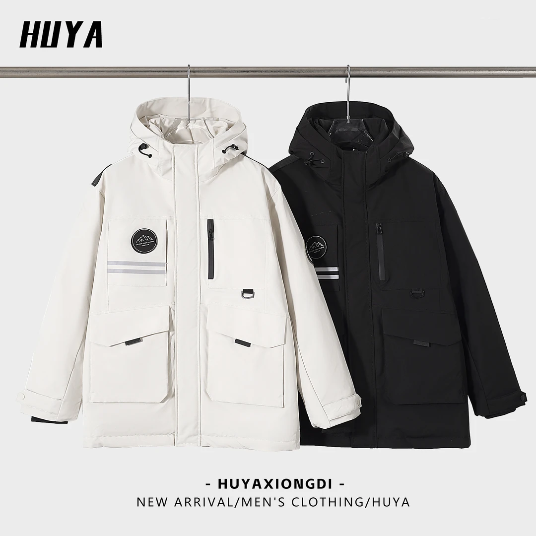 虎牙兄弟羽绒服男款冬季户外防风御寒工装大口袋连帽外套13908-1