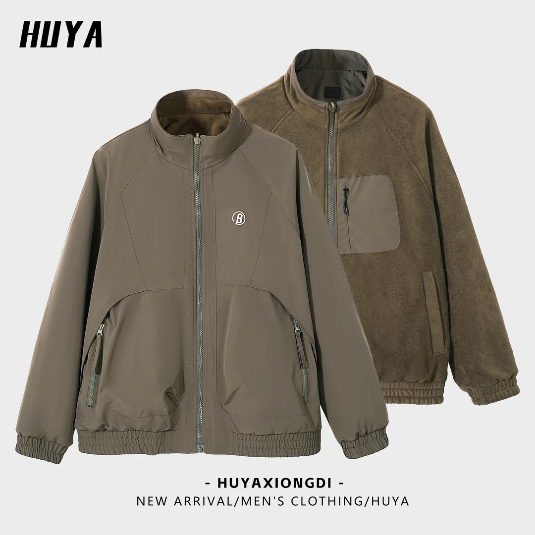 虎牙兄弟双面穿外套男秋季新款美式户外运动防风保暖机能拉链上衣