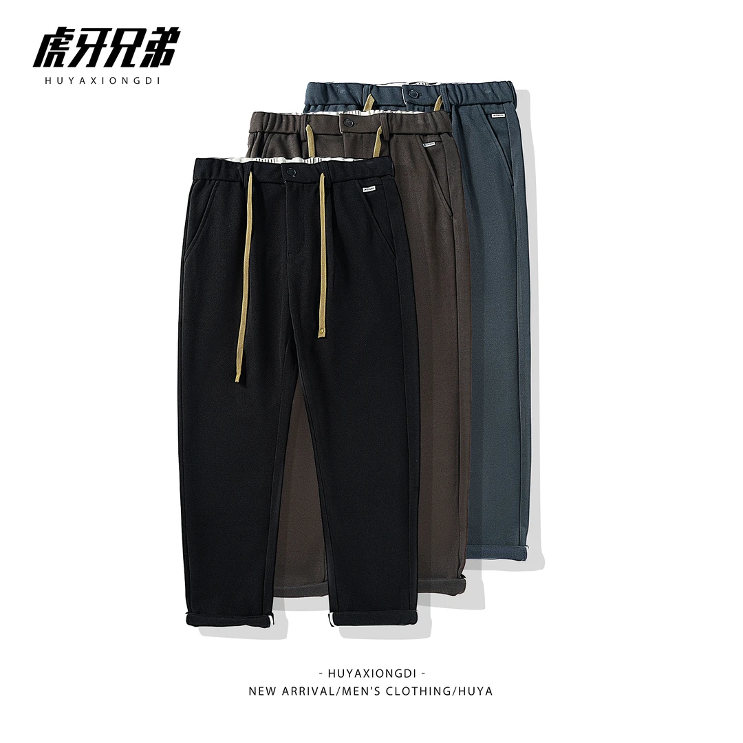 虎牙兄弟抽绳休闲裤冬季百搭休闲男士通勤小众直筒休闲长裤L3100