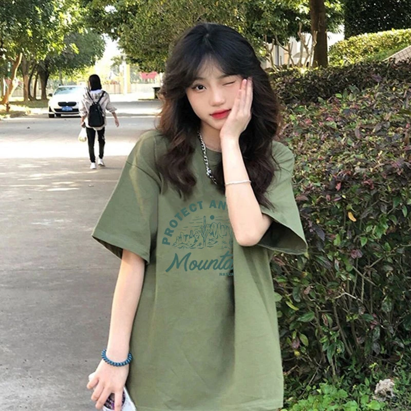 2024新款牛油果绿纯棉短袖t恤女夏季宽松显瘦港味复古半袖ins上衣