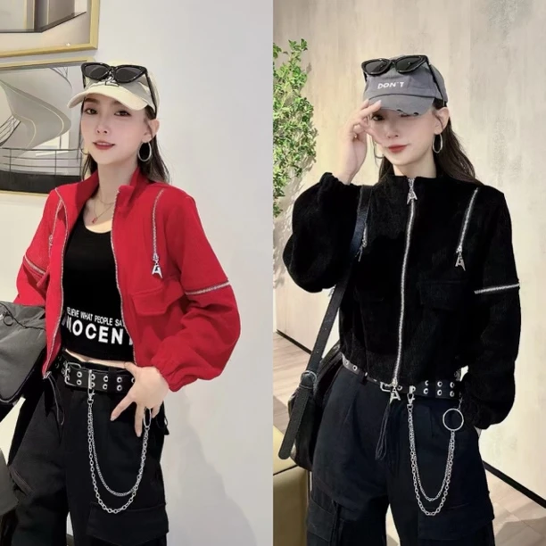 YT新品6789款灯芯绒下摆抽绳拉链外套