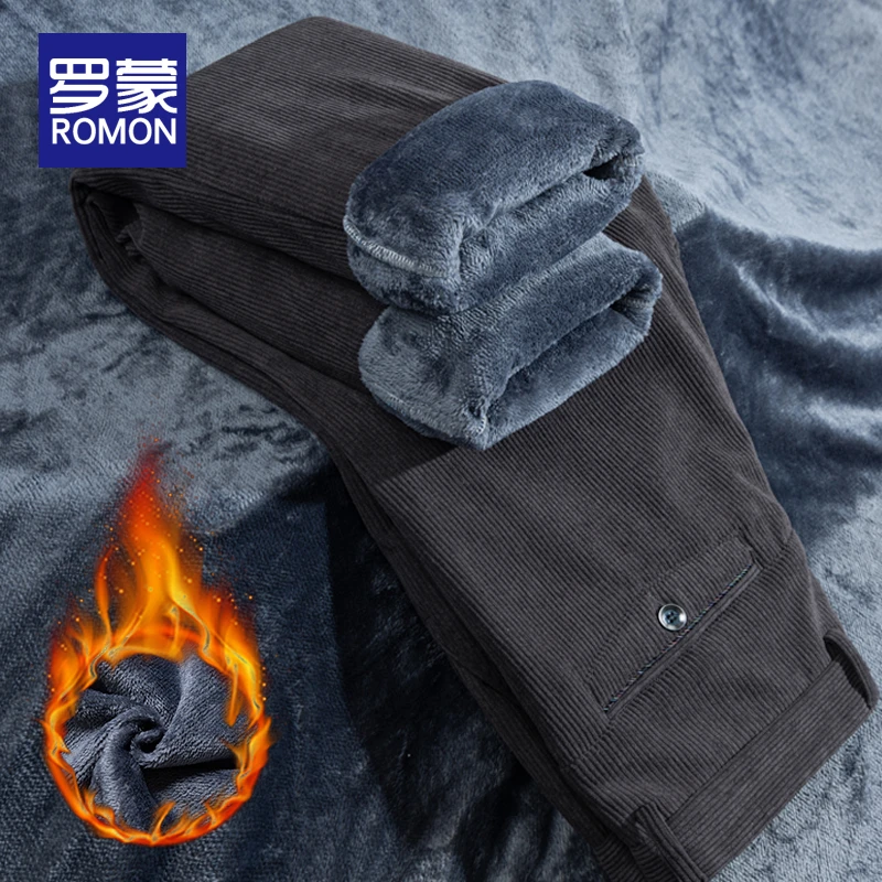 罗蒙男士灯芯绒加绒休闲裤男款冬季中年直筒宽松加厚保暖长裤子男