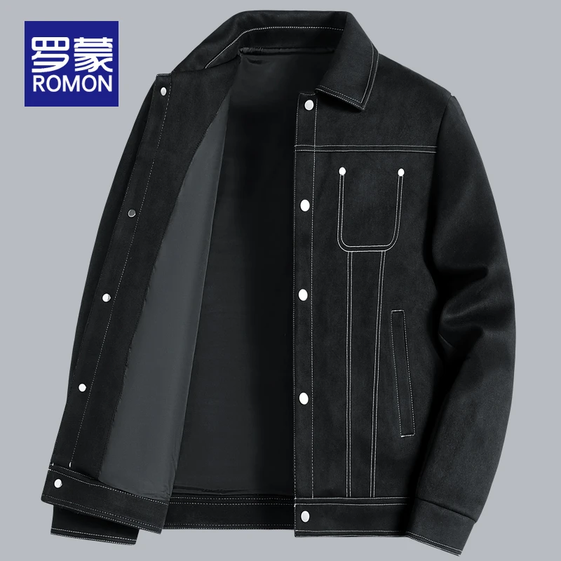 罗蒙秋冬款高级感休闲外套男士百搭翻领夹克男款时尚加绒男装上衣