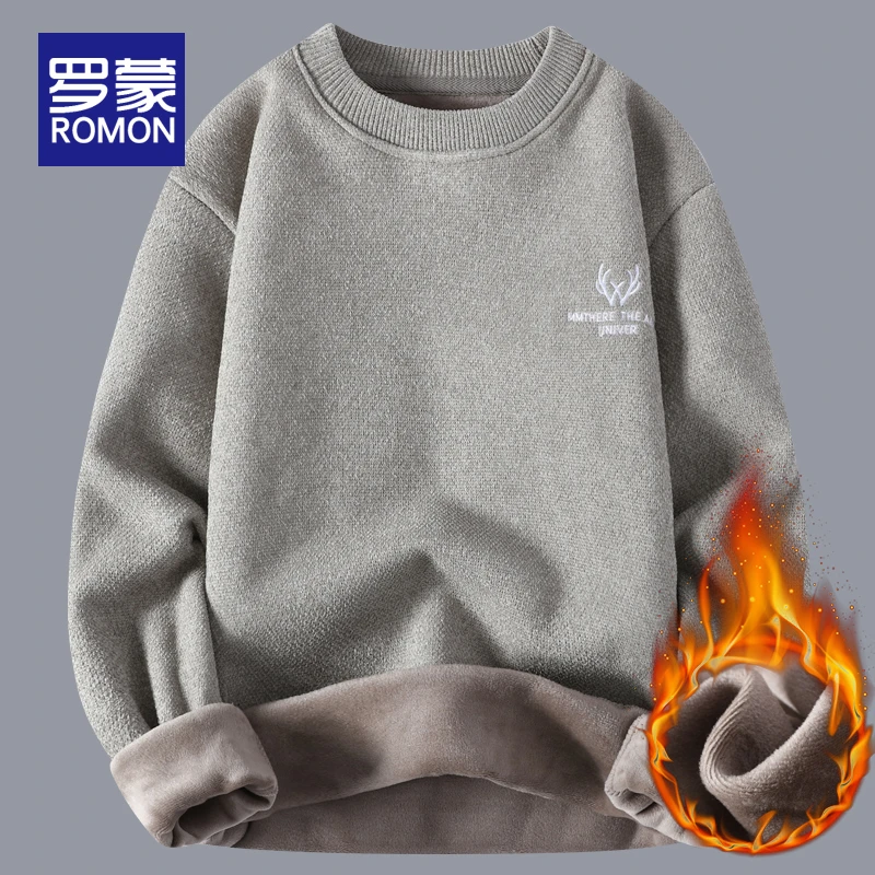 罗蒙冬季男士加绒针织衫毛衣男加厚保暖男装圆领一体绒打底衫男款