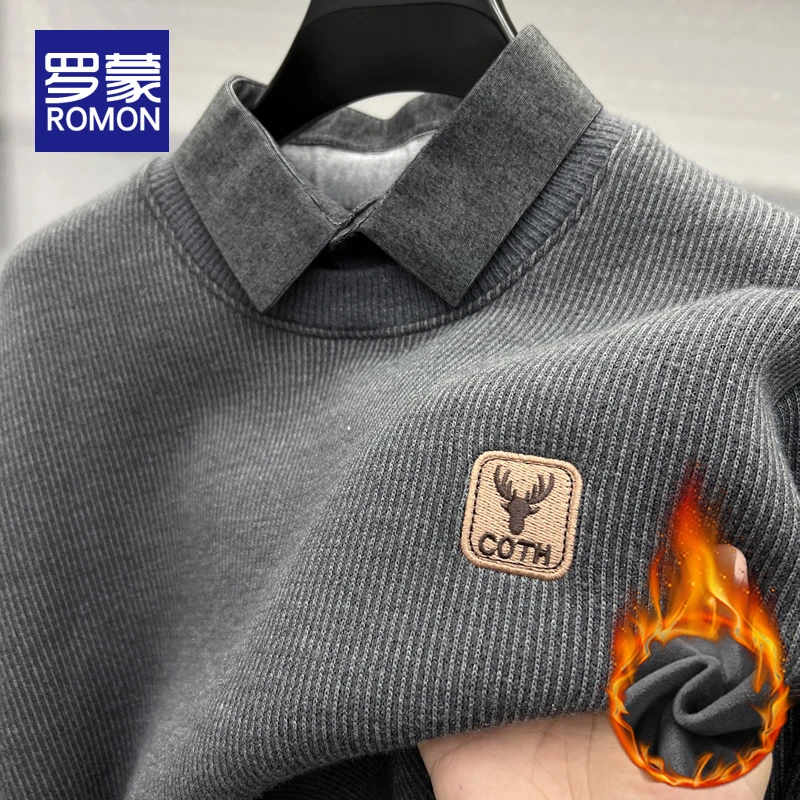 罗蒙男士假两件毛衣男款冬季休闲时尚男装加绒加厚打底针织上衣男