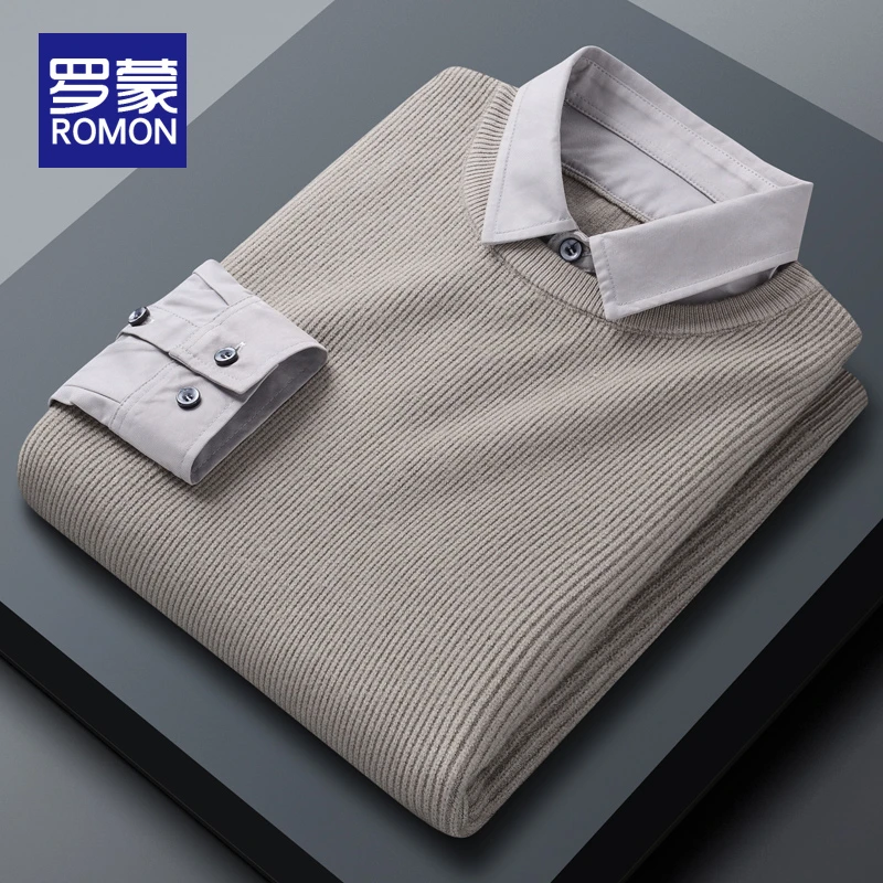 罗蒙秋冬款男士毛衣衬衫假两件春秋打底针织衫男款套头保暖上衣男
