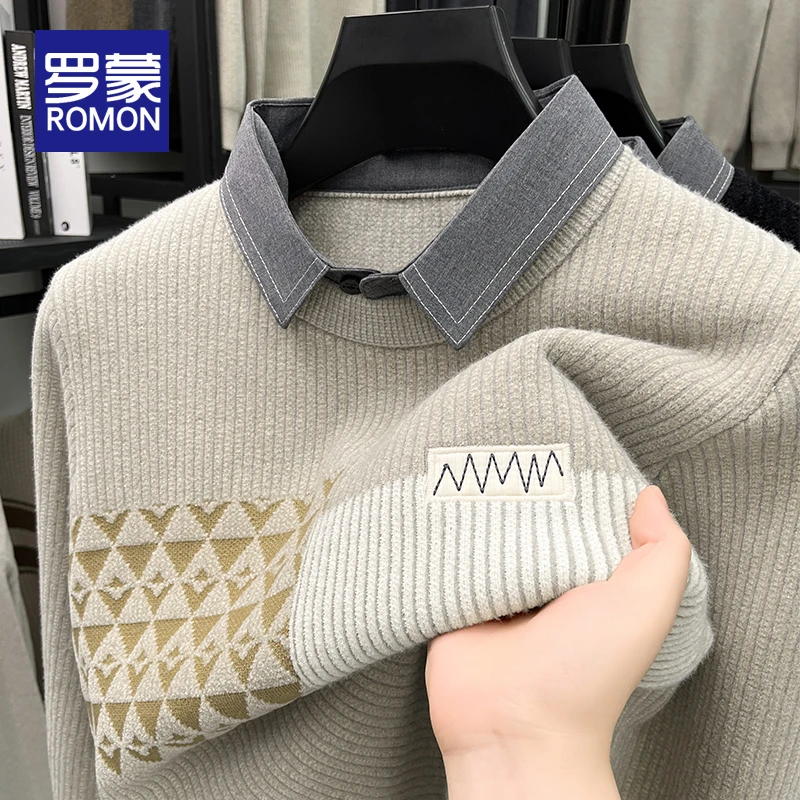 罗蒙冬季男士假两件针织毛衣男款衬衫领男装秋冬休闲打底衫上衣男