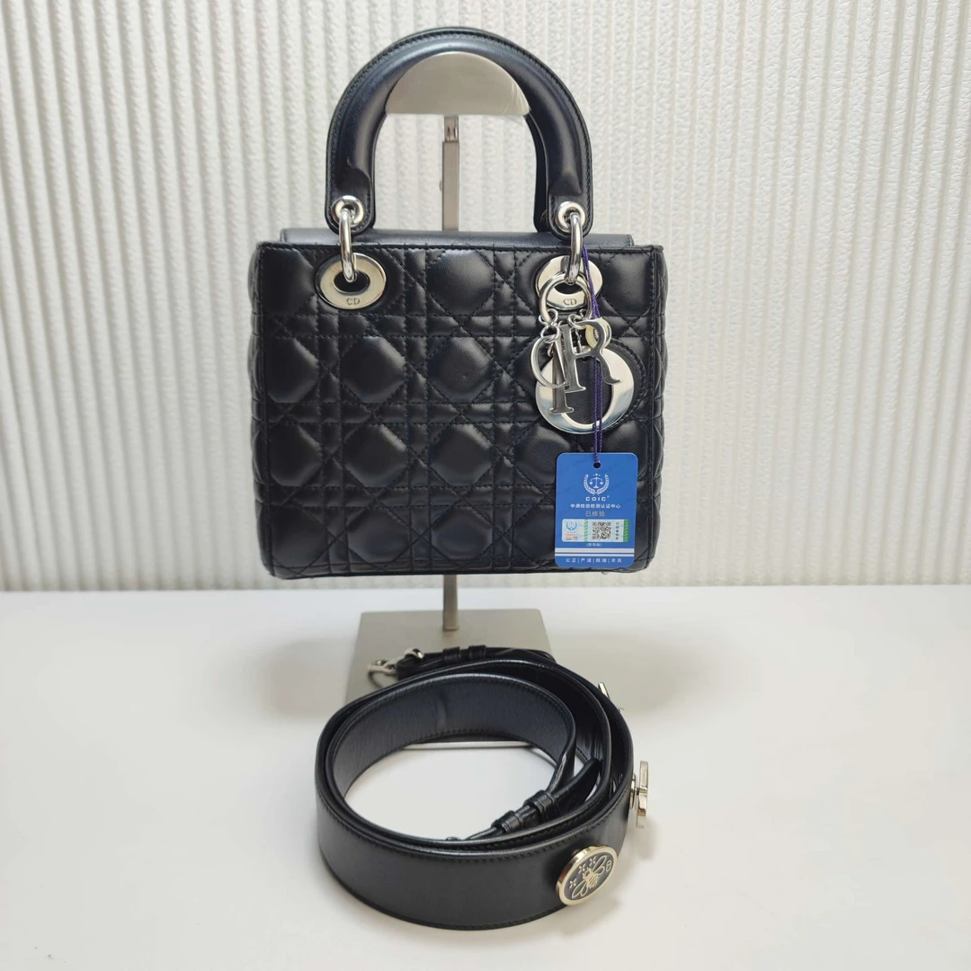 99新 DIOR/迪奥 女士时尚经典黑色四格戴妃手提单肩斜挎二奢包包