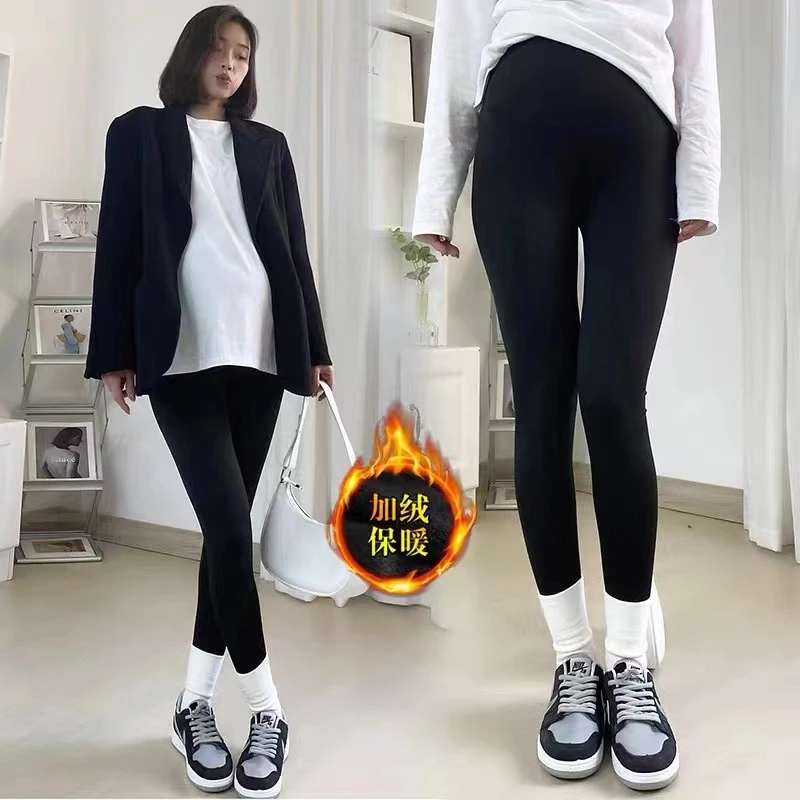 孕妇打底裤秋冬加绒加厚棉裤外穿修身小黑裤大码托腹显瘦保暖长裤