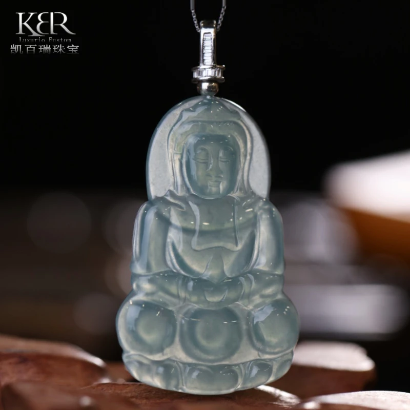 【甄选】天然A货高冰种翡翠银扣头冰透观音多样性 KBR0620001