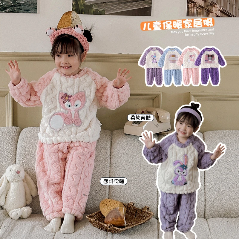 儿童家居服法兰绒睡衣保暖加绒套装卡通冬款男女宝宝套装秋冬季，