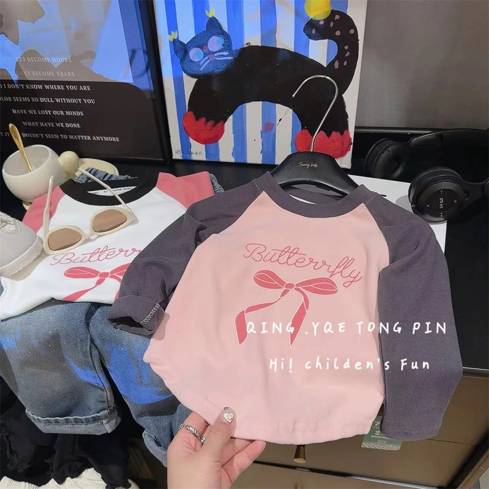 儿童春季蝴蝶结插肩长袖T恤宝宝洋气圆弧下摆打底衫女童春装圆领
