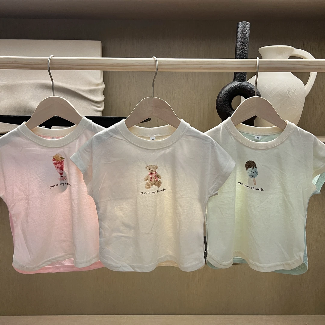 男女婴童活力图案纯棉圆领透气短袖T恤米白彩色夏季中性女童