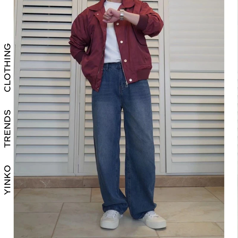 EKK韩系时尚出街必备潮流百搭ins风休闲宽松阔腿显瘦直筒牛仔裤
