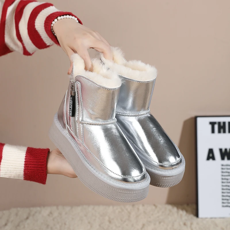 源头工厂拉链好穿搭羊皮毛一体厚底冬季加绒加厚女士雪地靴