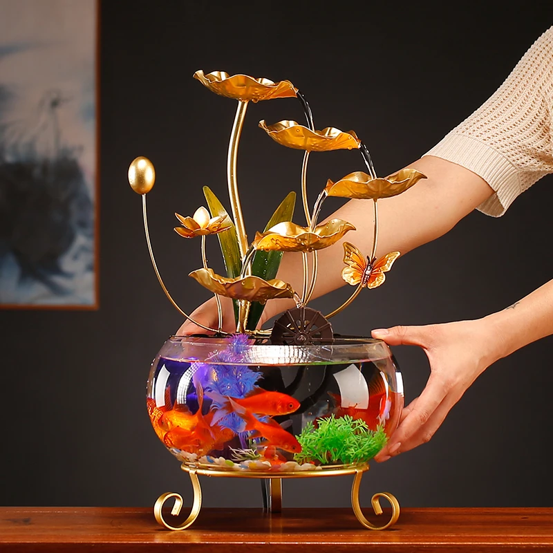 创意现代风简约大号荷塘月色铁艺荷叶循环流水玻璃鱼缸桌面摆件
