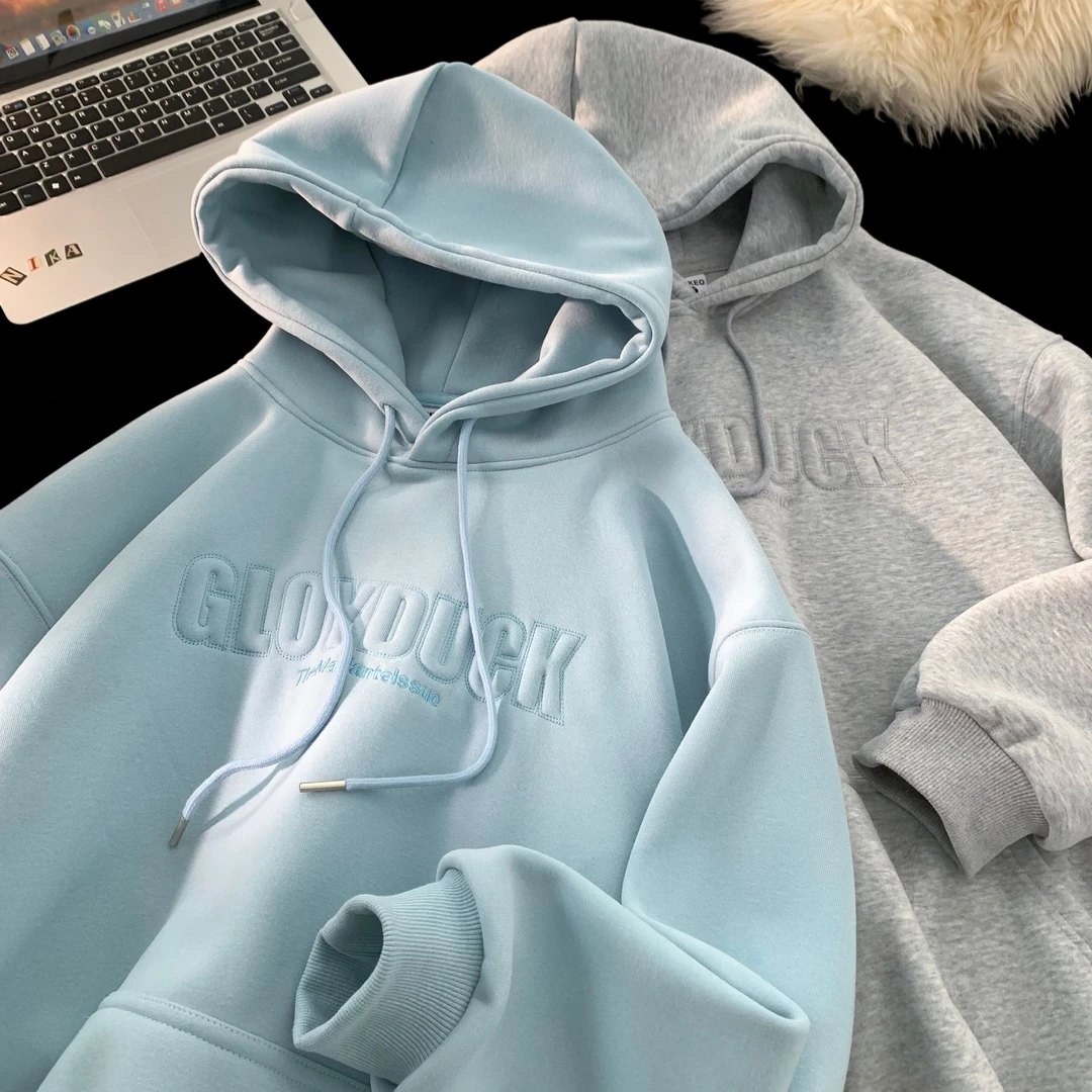 @MAX 重磅600g空气发泡字母刺绣加绒加厚连帽卫衣男保暖宽松外套