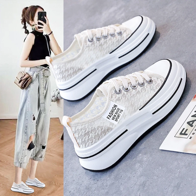 小白鞋百搭厚底时尚休闲风单鞋圆头帆布鞋休闲系带夏季女鞋春夏