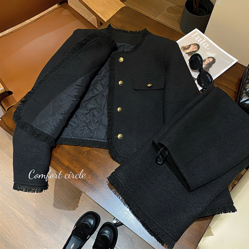 YUNIAN夹棉加厚小香风套装女2023冬季黑色气质显瘦时尚两件套装裙