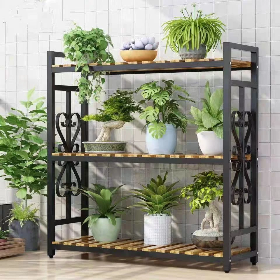 阳台花架置物架实木户外展示架室内多层大盆景铁艺落地式花架带轮