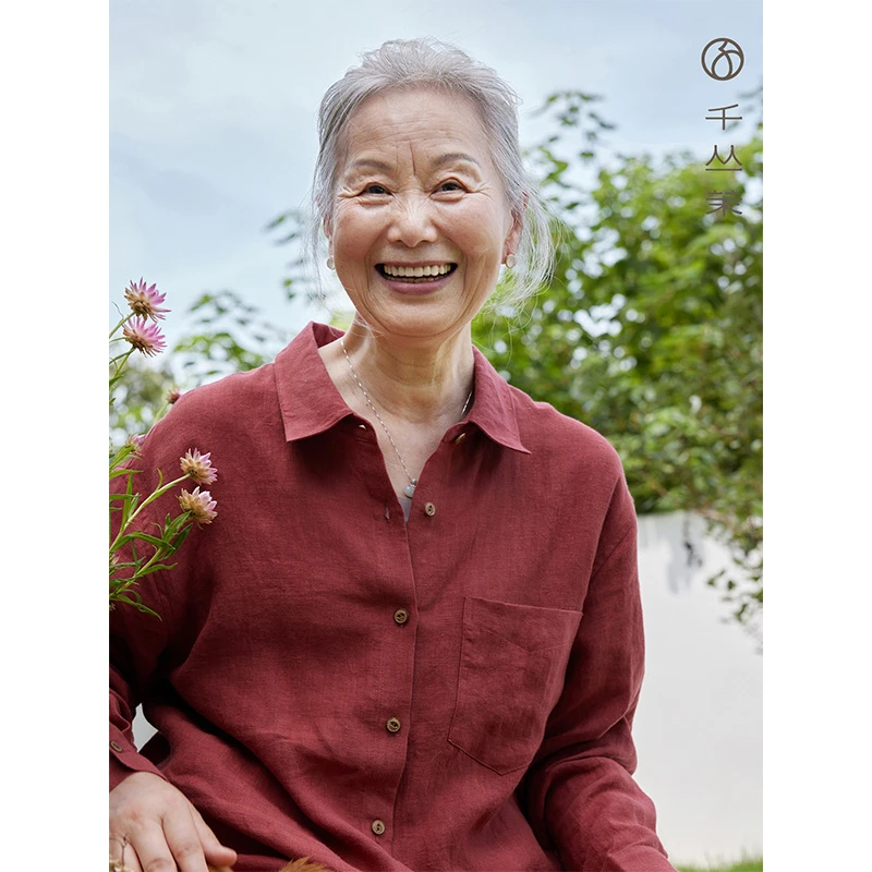 千丛茉妈妈装24年早秋纯色翻领衬衣亚麻宽松衬衫休闲文艺上