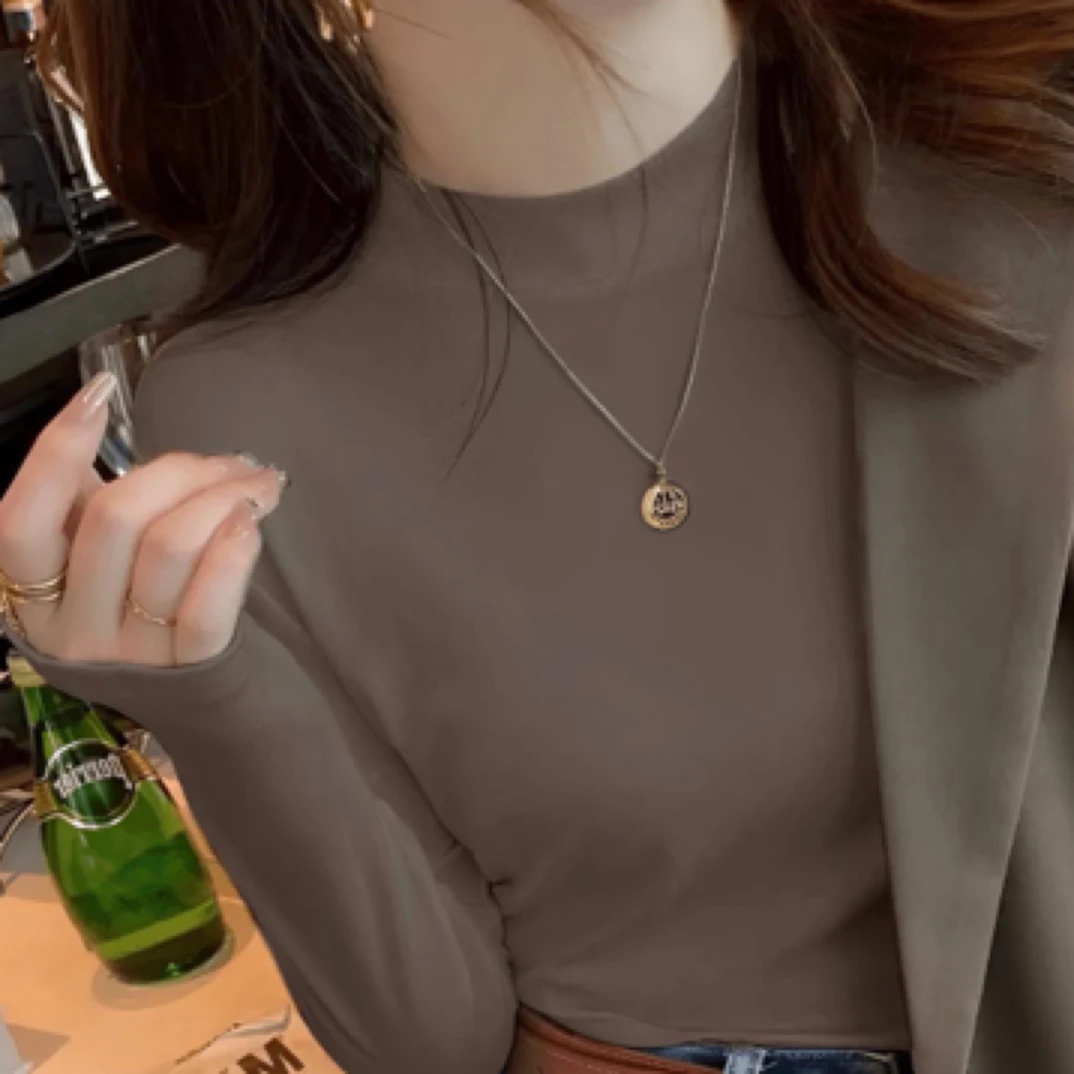 秋冬加厚磨毛631半高领时尚纯色长袖打底衫宽松洋气内搭女打底衫