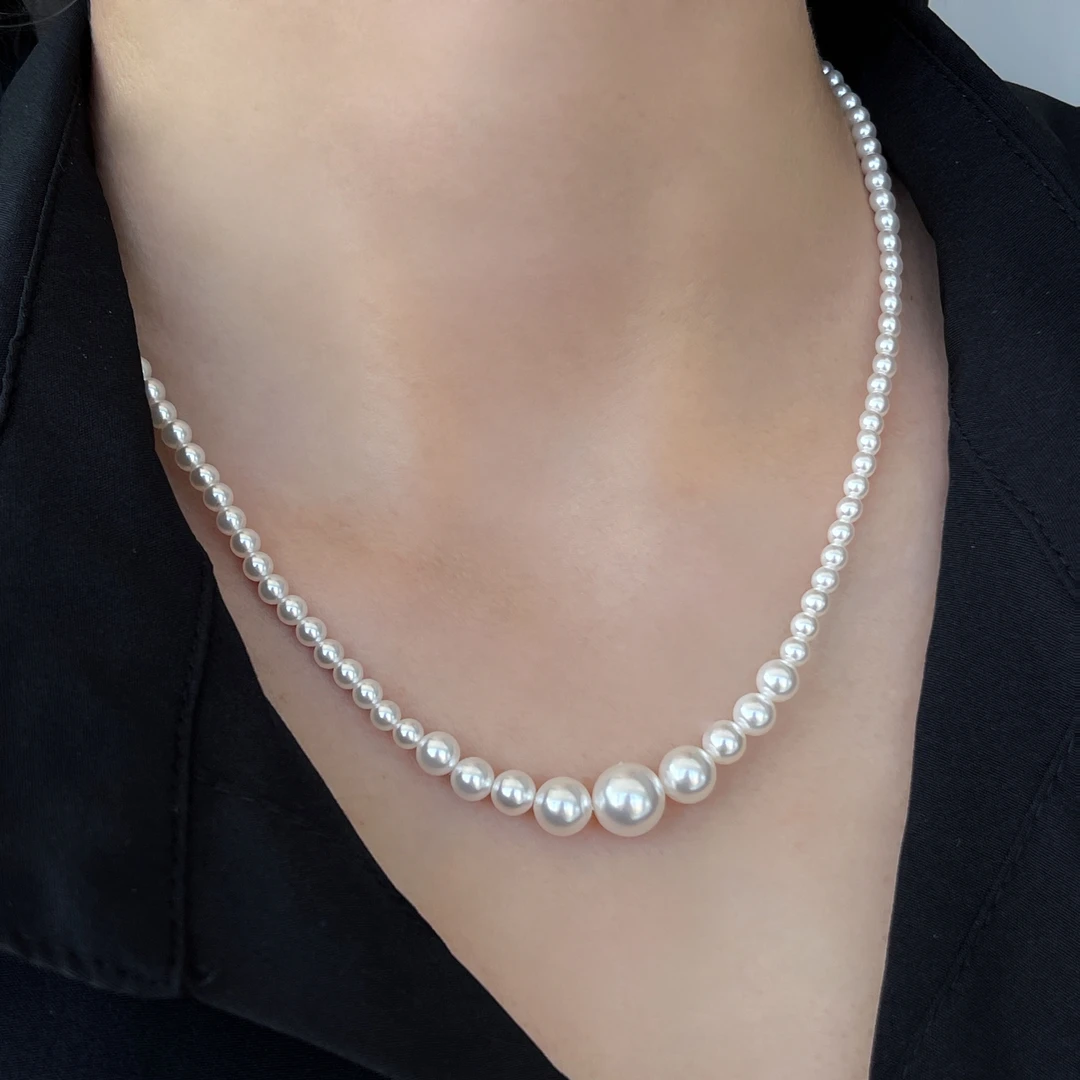 合金仿珍珠项链 施家珠珠渐变项链气质微笑锁骨链法式时尚颈链