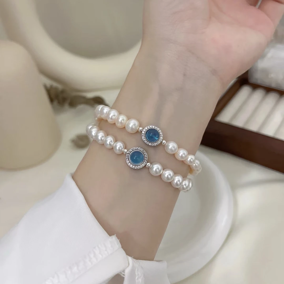 铜合金仿珍珠手链 施家珠【海蓝手串】气质百搭小众精致同款手链女