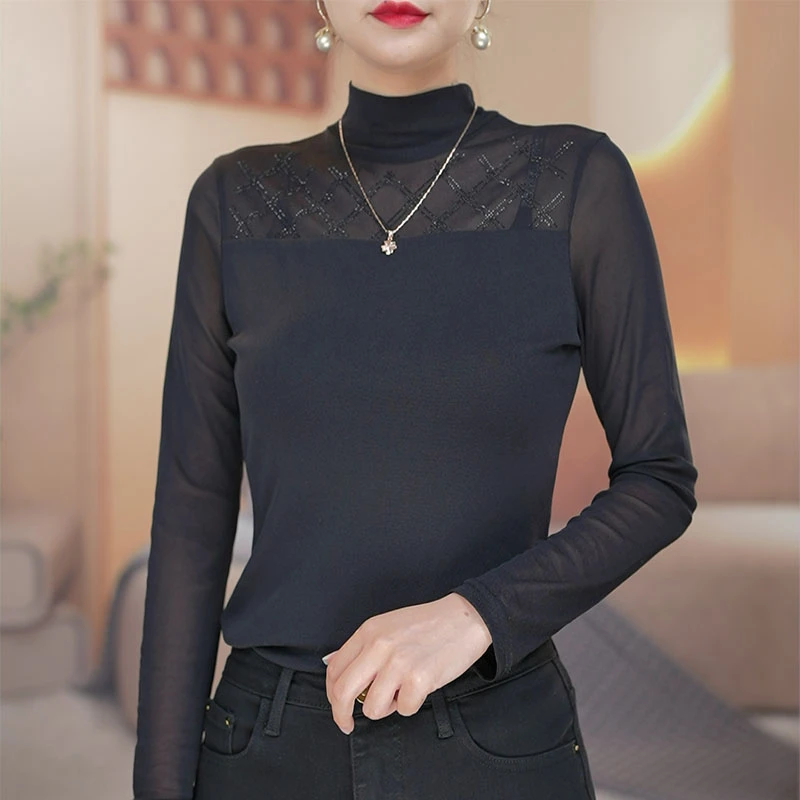 网纱烫砖2024年春秋季弹力透气显瘦修身打底衫