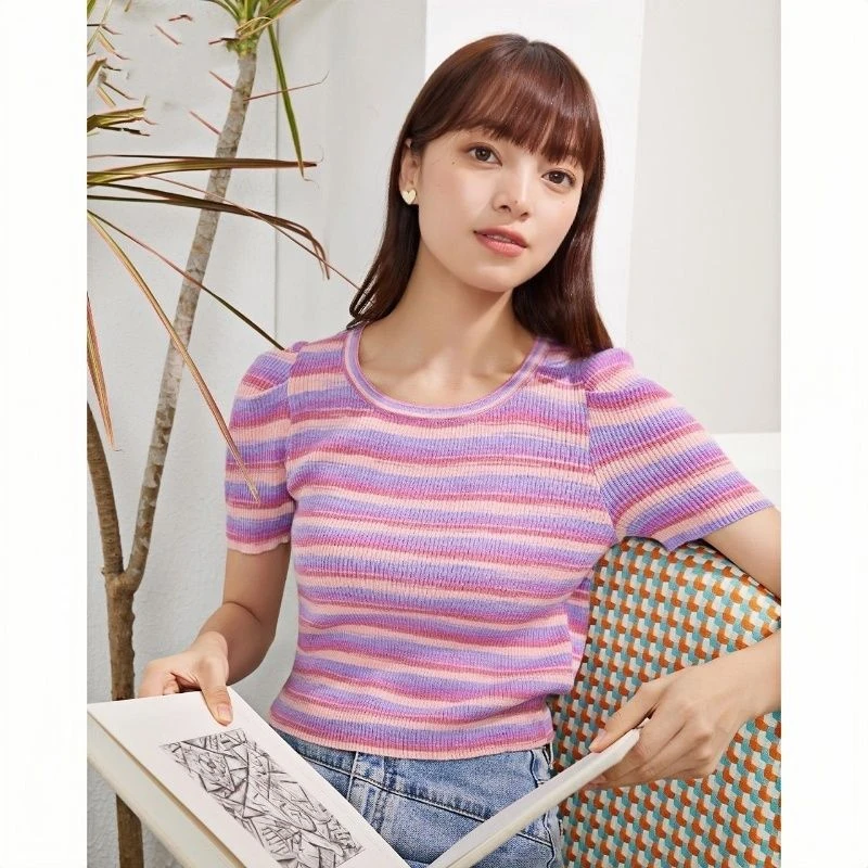 时尚设计感圆领短袖针织衫女薄款夏季2024新款正肩显瘦短款上衣女