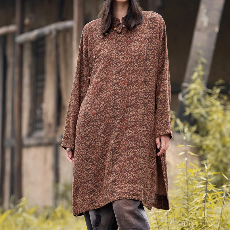 麻依者2024春新款亚麻文艺复古印花长款连衣裙1081