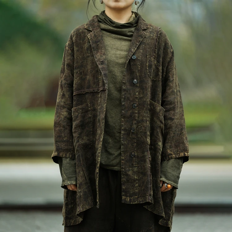 麻依者24春亚麻植物染色做旧风衣复古毛边拼接西装领宽松外套956