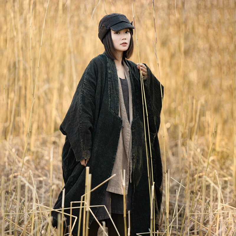 麻依者冬季亚麻植物染夹棉加厚大袍子斜襟盘扣长款宽松上衣901