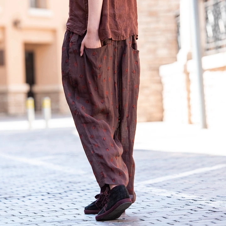 麻依者夏季苎麻抽绳松紧腰印花哈伦裤多口袋植物染做旧休闲裤1057