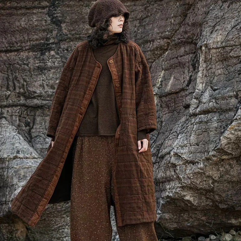 疯子张24冬款双层文艺压线加厚宽松色织格棉衣#08390