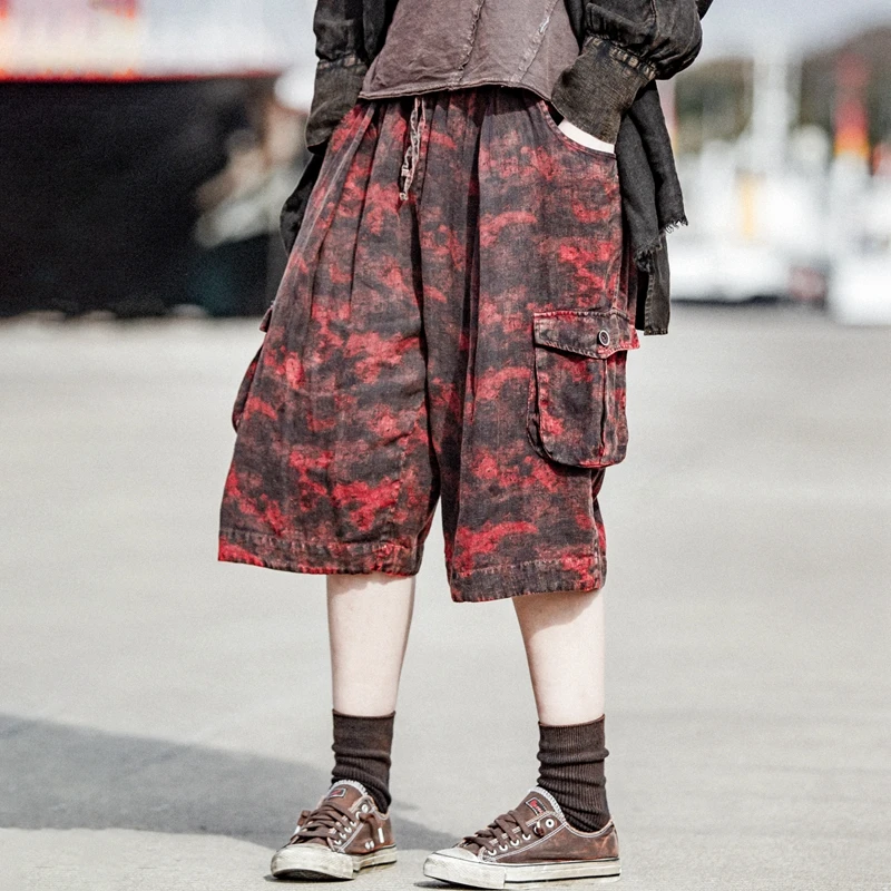 麻依者春夏秋亚麻植物染工装裤做旧七分文艺印花哈伦裤宽松733