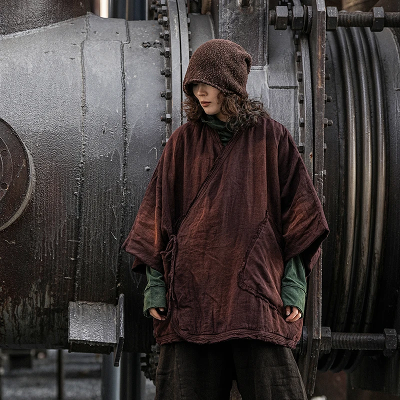麻依者24冬款复古做旧斜襟大口袋植物染亚麻系带加厚棉衣#M-023