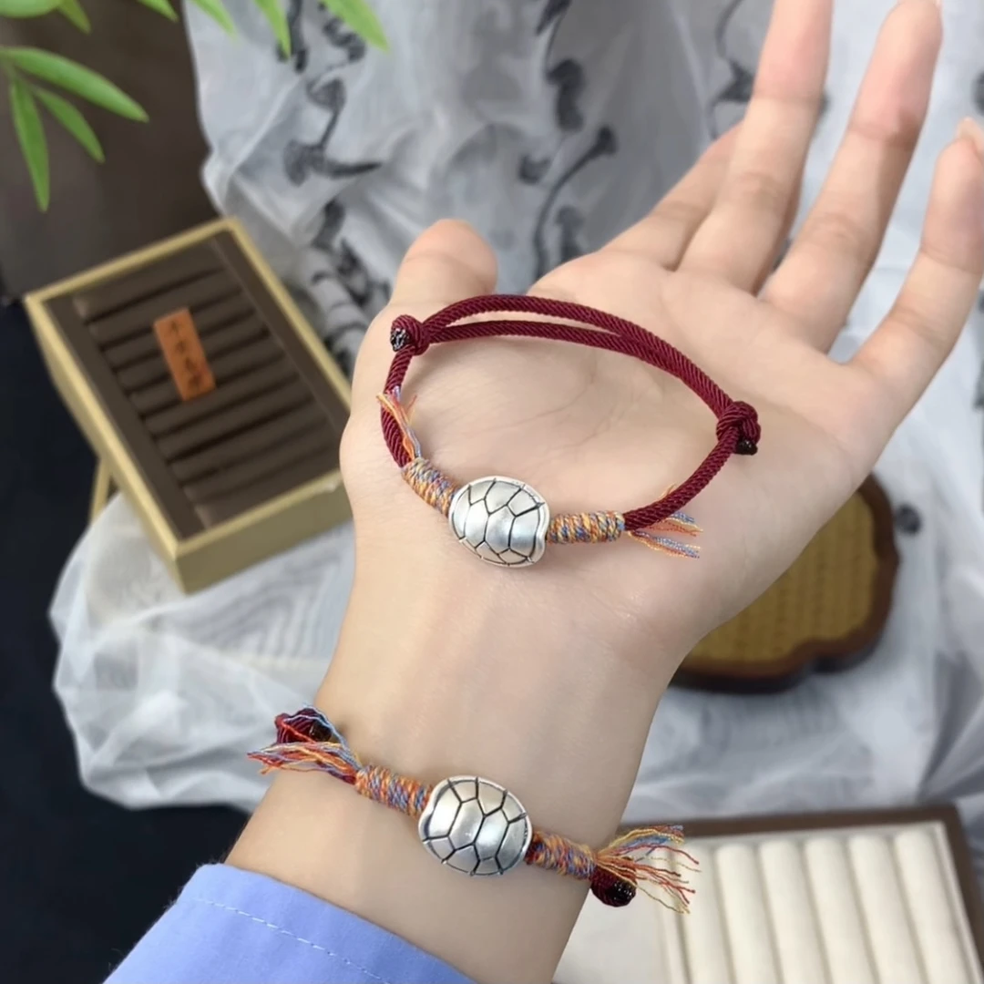 足银手链 足银手绳富甲一方龟背招财999纯银手工编织可调节酒红