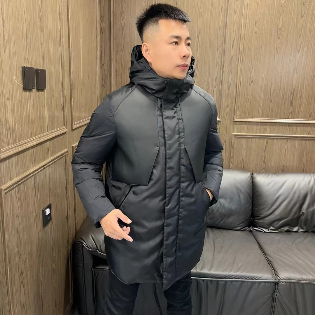 857821男士冬季拼接绵羊皮简约高端商务休闲连帽中长款鹅绒羽绒服