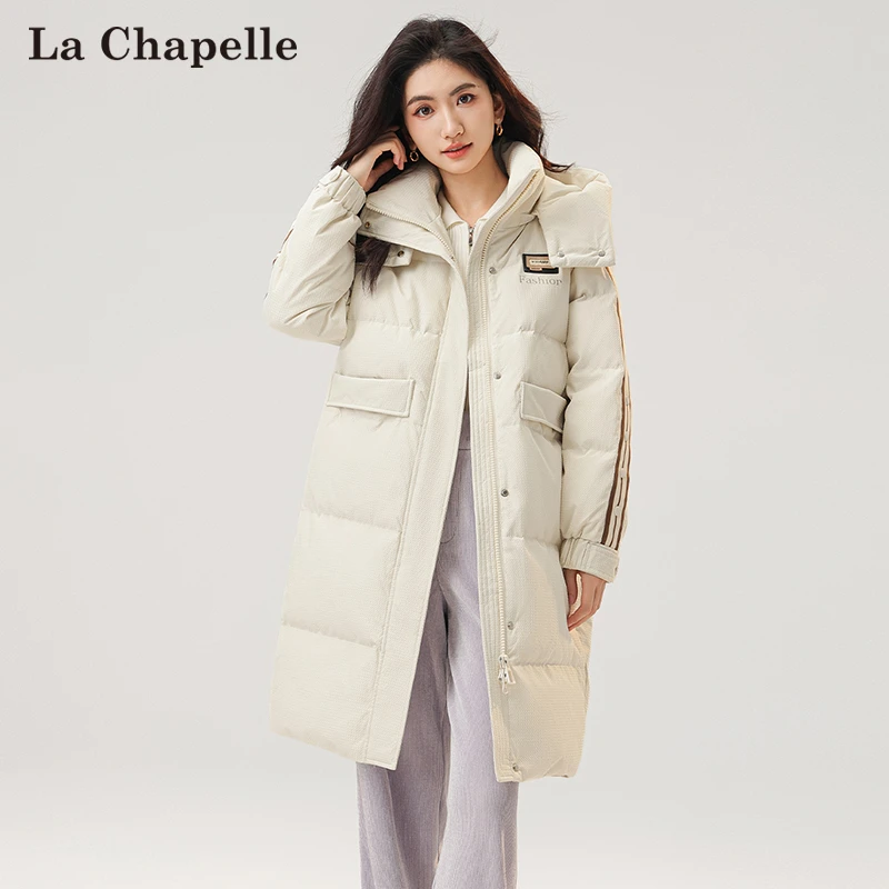 拉夏贝尔新款条纹款设计羽绒服女2023冬季中长款时尚加厚保暖外套