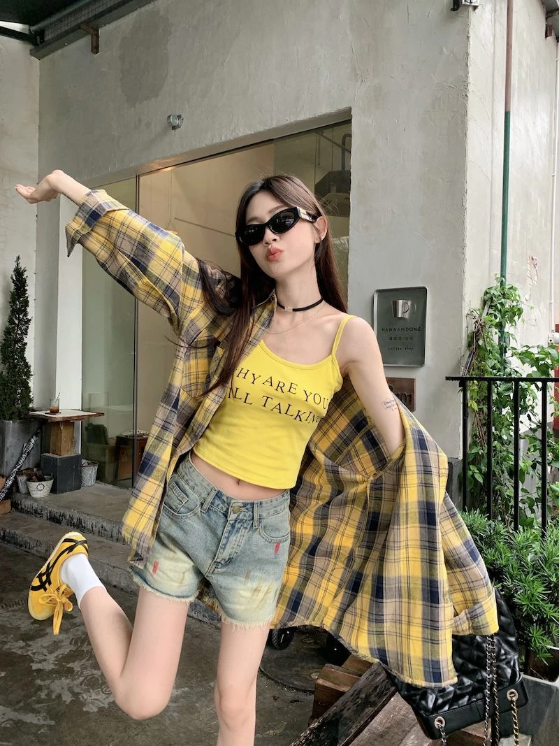 韩系chic别致嫩黄色格子衬衫女宽松显瘦慵懒风薄款衬衣外搭防晒潮