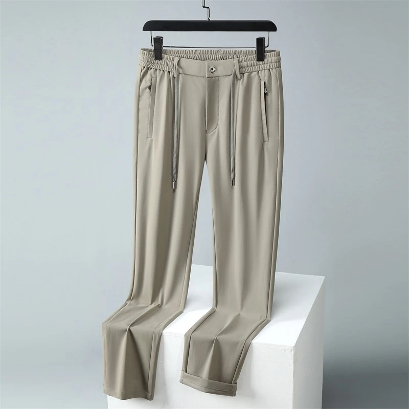 夏季薄款冰丝休闲裤男士宽松直筒长裤弹力透气男裤高档松紧腰裤子