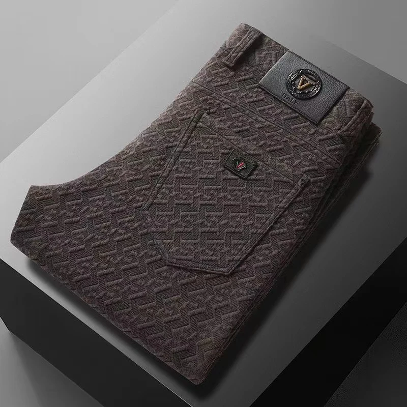 秋冬新款男士时尚加厚提花休闲裤直筒男裤加冬季加绒保暖百搭男裤