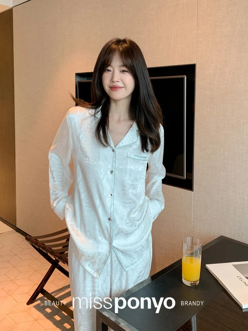 MISS PONYO白兰地高级提花月光缎女士长袖长裤睡衣女套装时尚网红